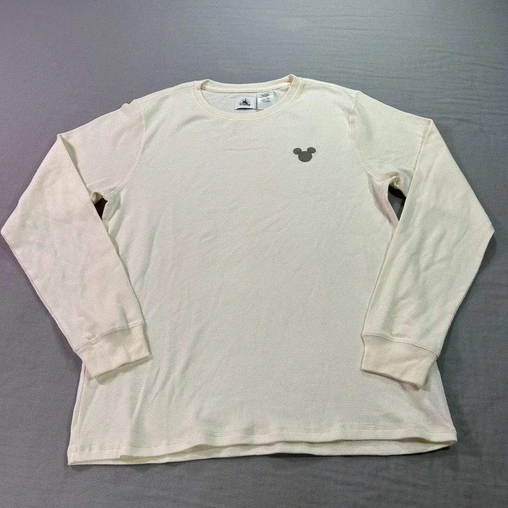 Disney Shirt Adult Large Beige Thermal‎ Waffle Knit Micky Mouse Embroidered Crew